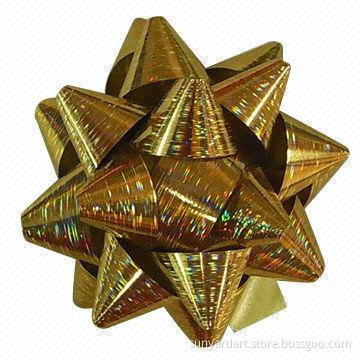 Holographic ribbon star bow, measures 30mm x 6 inches x 18 loops